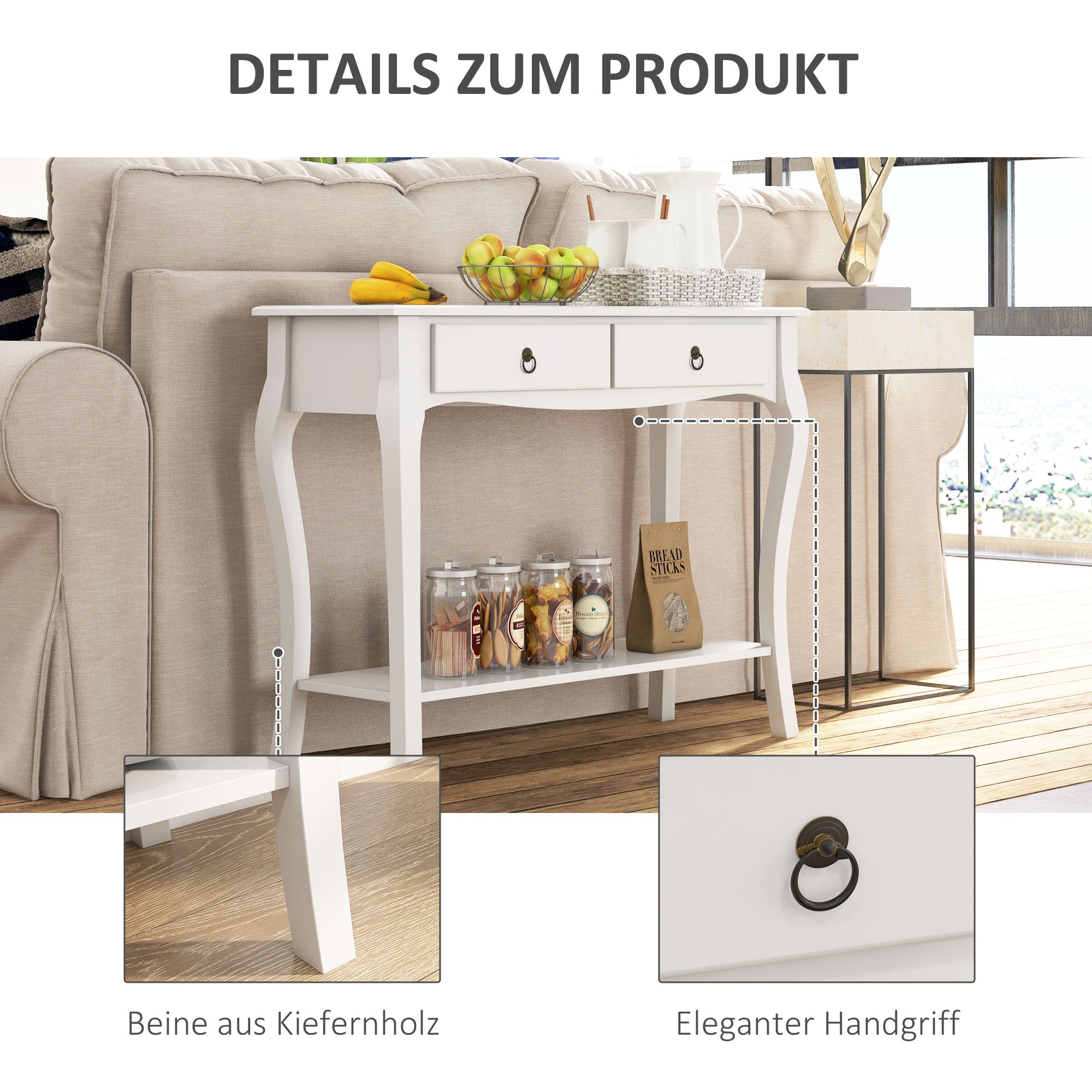 HOMCOM Console Table Modern Sofa Side Desk with Storage Shelves Drawers for Living Room Entryway Bedroom Ivory White 