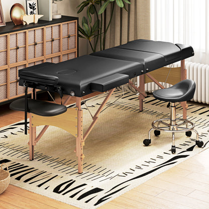 HOMCOM Foldable Massage Table with Beech Wood Legs - Black