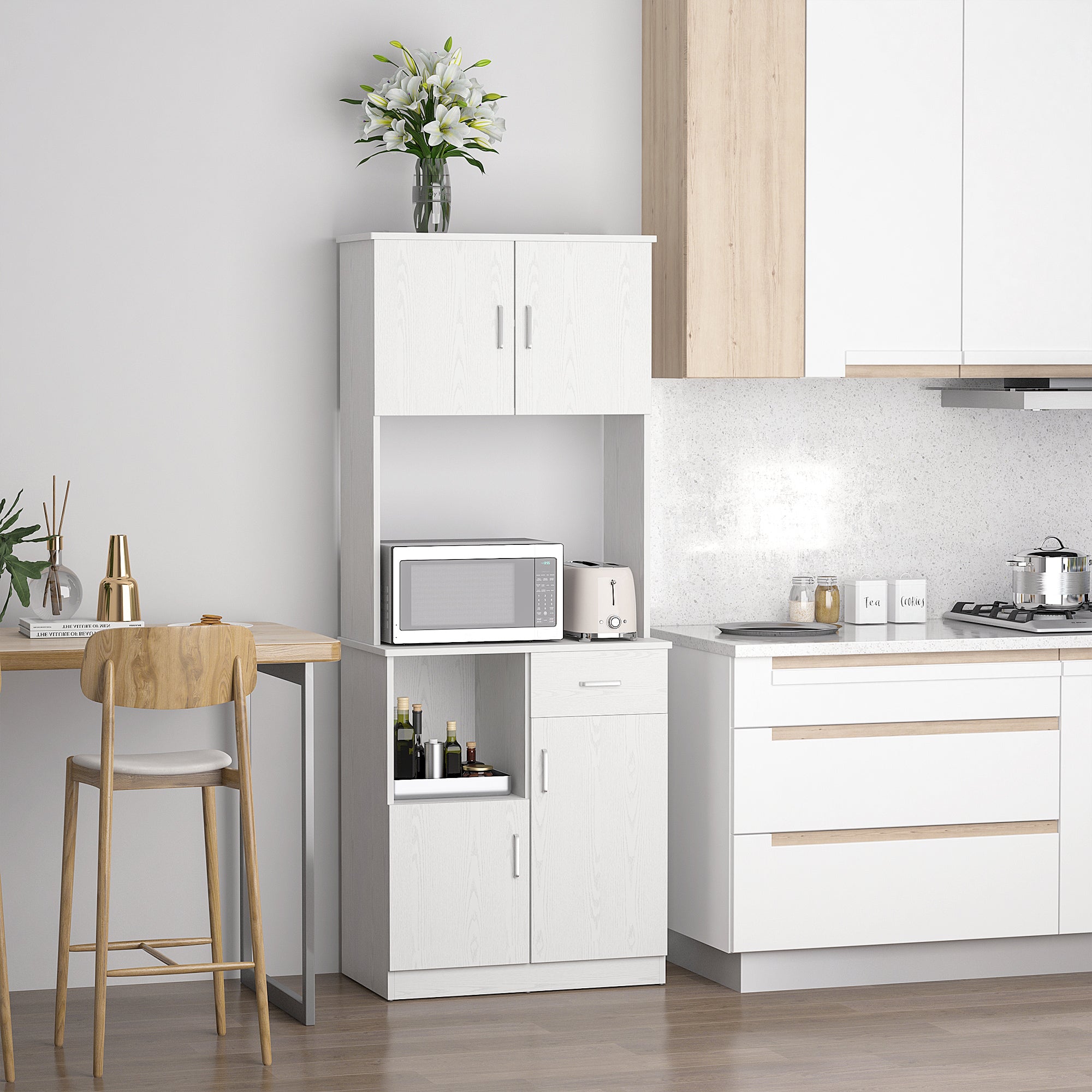 HOMCOM Freestanding Kitchen Cupboard, Modern Kitchen Storage Cabinet with Doors, Microwave Counter and Adjustable Shelves, White 