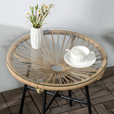 Outsunny Rattan Side Table, Round Outdoor Coffee Table, with Round PE Rattan and Tempered Glass Table Top for Patio, Garden, Balcony, Beige 