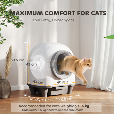 PawHut 80L Extra Large Self Cleaning Cat Litter Tray with APP Control, Safety Protection, Odor Removal, Rubbish Bag for Multiple Kittens 