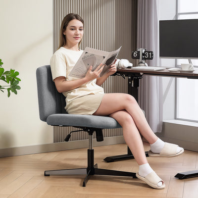 HOMCOM Armless Office Chair No Wheels, Linen Fabric Criss Cross Legged Desk Chair with Wide Seat, Thick Padding, Tilt Function, Height Adjustable Swivel Computer Seat for Home, Grey 