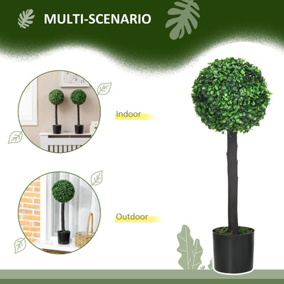 HOMCOM Set of 2 Artificial Plants Boxwood Ball Trees in Pot Fake Plants for Home Indoor Outdoor Decor, 20x20x60cm, Green 