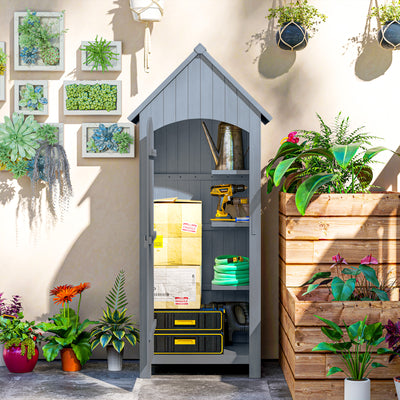 Outsunny Wooden Garden Storage Shed with 3 Shelves, Outdoor Tool Storage Cabinet with Tilt Roof and Lockable Door, 77.5 x 54.2 x 179.5 cm, Grey 