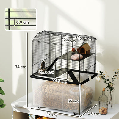 PawHut Three-Tier Gerbil Cage, Hamster Cage for Dwarf Hamster, Syrian Hamster w/ Wheels, Deep Bottom, Food Dish, Water Bottle 