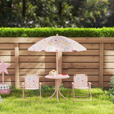 AIYAPLAY 4 Pieces Kids Garden Table and Chair Set with Adjustable Parasol, Folding Chairs, Table, Rainbow Pattern, Pink 