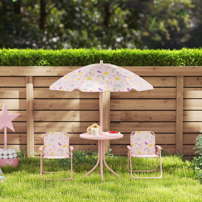 AIYAPLAY 4 Pieces Kids Garden Table and Chair Set with Adjustable Parasol, Folding Chairs, Table, Rainbow Pattern, Pink 