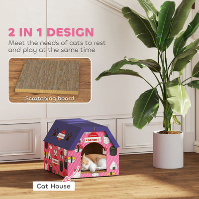 PawHut Cat Scratching Board, 2-in-1 Cardboard Cat House and Hideaway for Indoor Cats, Pink 