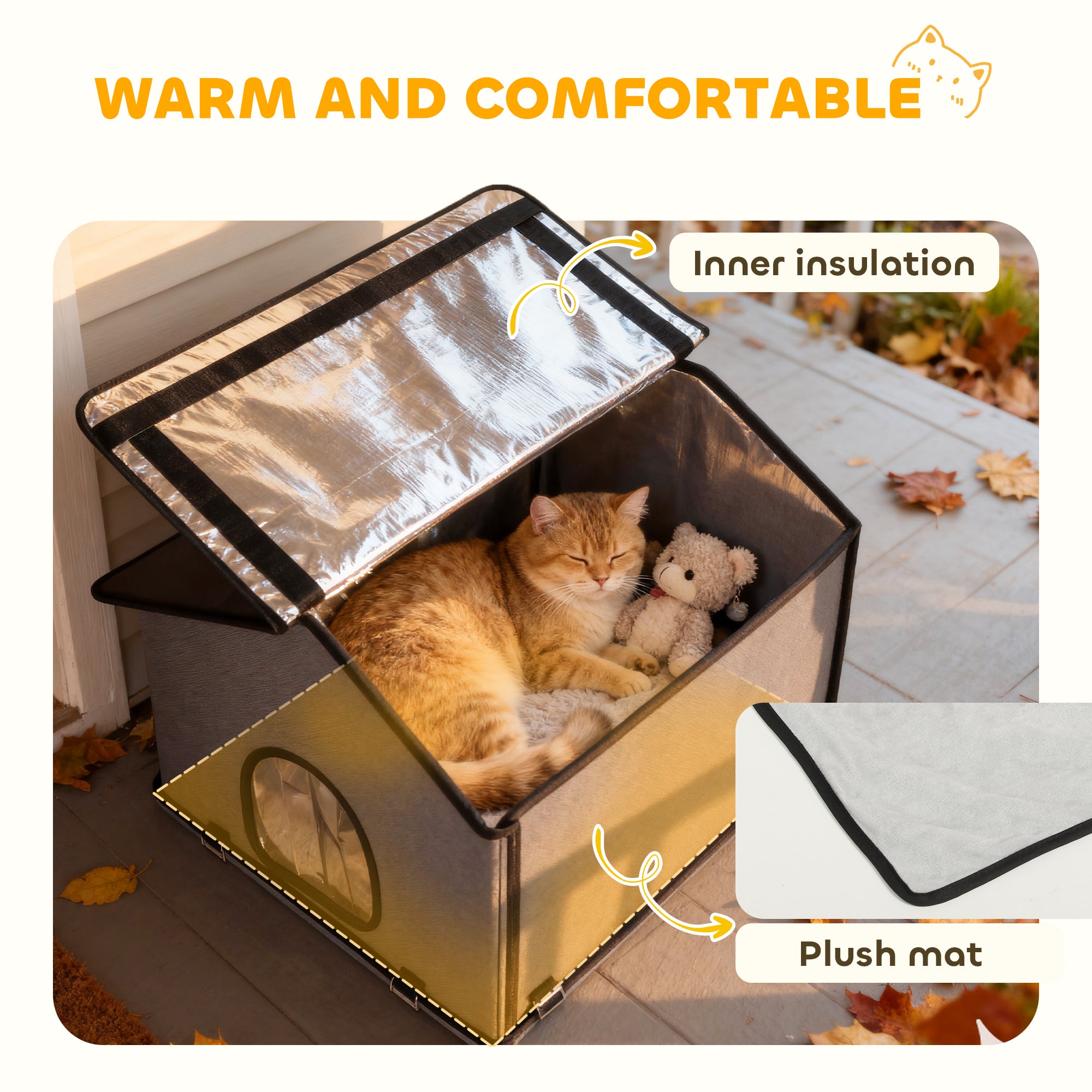 PawHut Outdoor Cat House, Waterproof Insulated Cat Kennel with Elevated Base, Foldable Feral Kitty Shelter for Kittens, Grey 