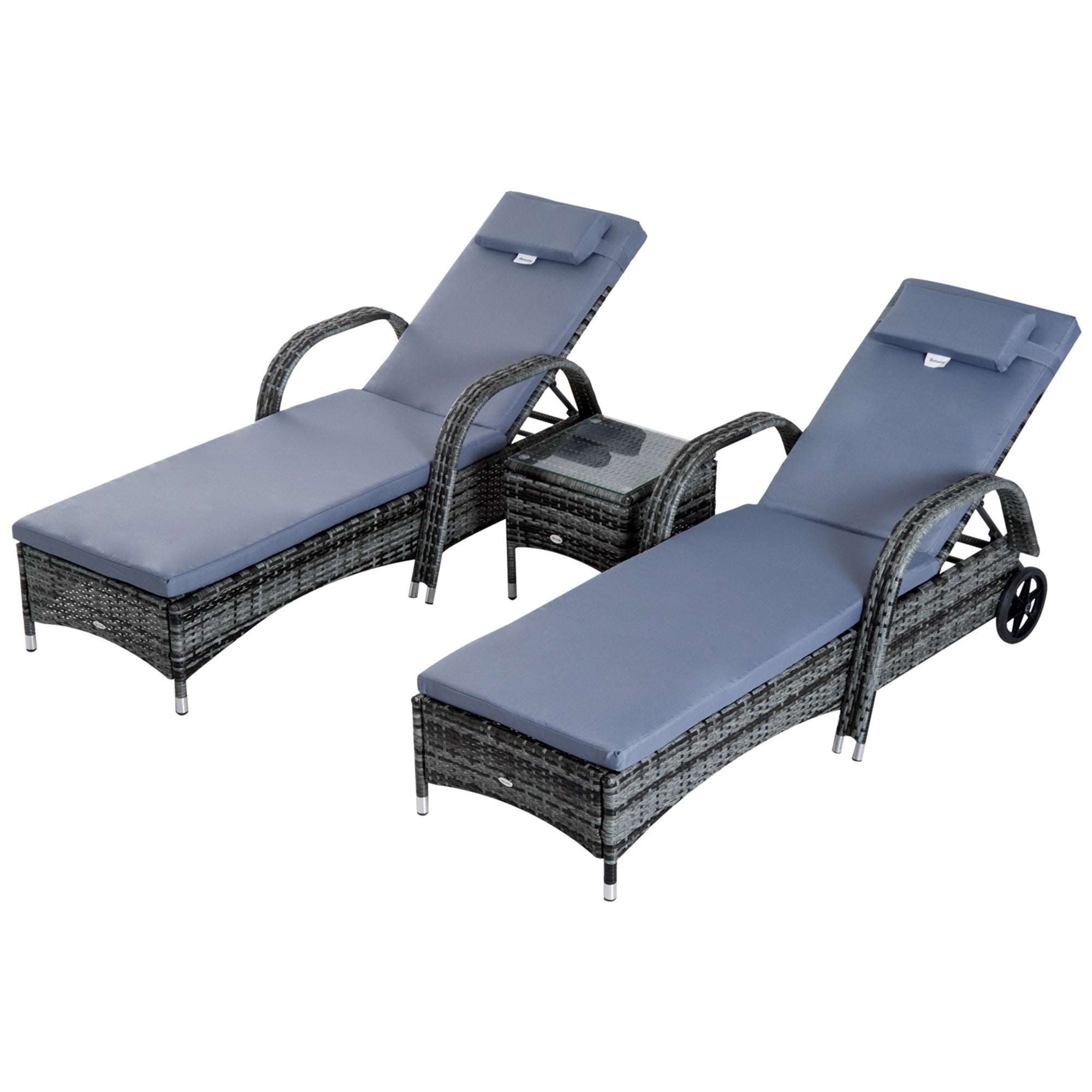 Outsunny 3 Pieces Rattan Sun Loungers, Garden Wicker Wheeling Recliner , PE Rattan Lounge Chairs w/ Cushions & Side Coffee Table Grey 