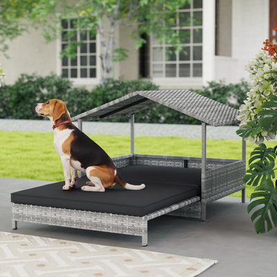 PawHut Extendable Elevated Dog Bed, Rattan Dog House, with Water-Resistant Roof, Removable Cushion, Charcoal Grey 