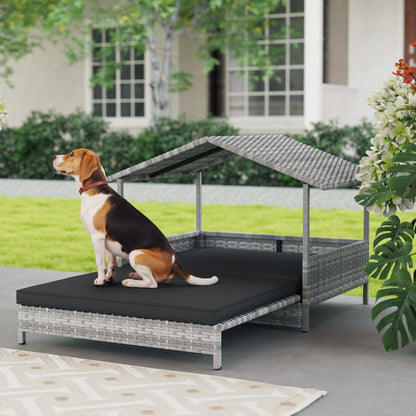 PawHut Extendable Elevated Dog Bed, Rattan Dog House, with Water-Resistant Roof, Removable Cushion, Charcoal Grey 