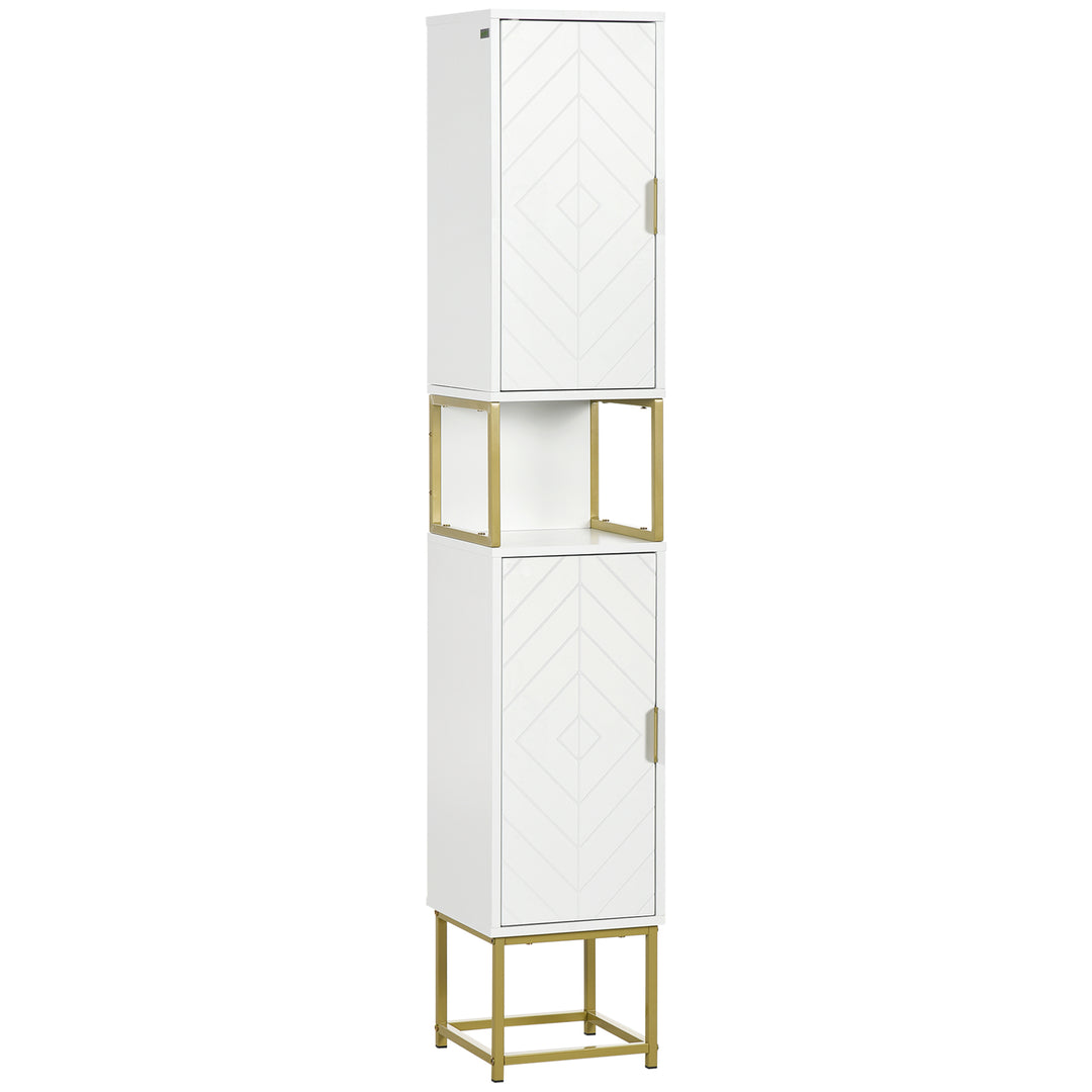 kleankin Narrow Bathroom Storage Cabinet, Freestanding Tallboy Storage Unit with Adjustable Shelf, 2 Doors and Steel Base, Slim Corner Organizer, White 