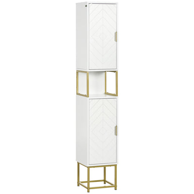 kleankin Narrow Bathroom Storage Cabinet, Freestanding Tallboy Storage Unit with Adjustable Shelf, 2 Doors and Steel Base, Slim Corner Organizer, White 