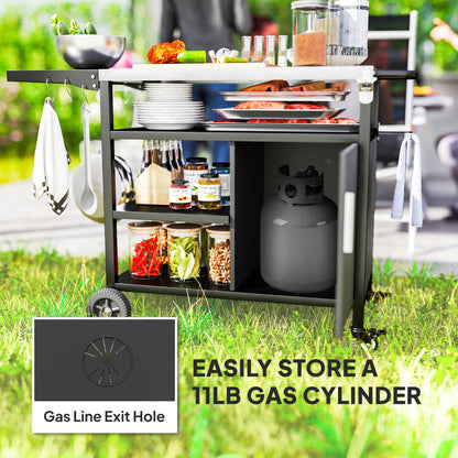 Outsunny Outdoor BBQ Trolley with Foldable Side Table, Stainless Steel Top, Outdoor Kitchen with Wheels Hooks Shelves Cabinet, Pizza Oven Table Movable Outdoor Grill Dining Cart with Cover, Black 