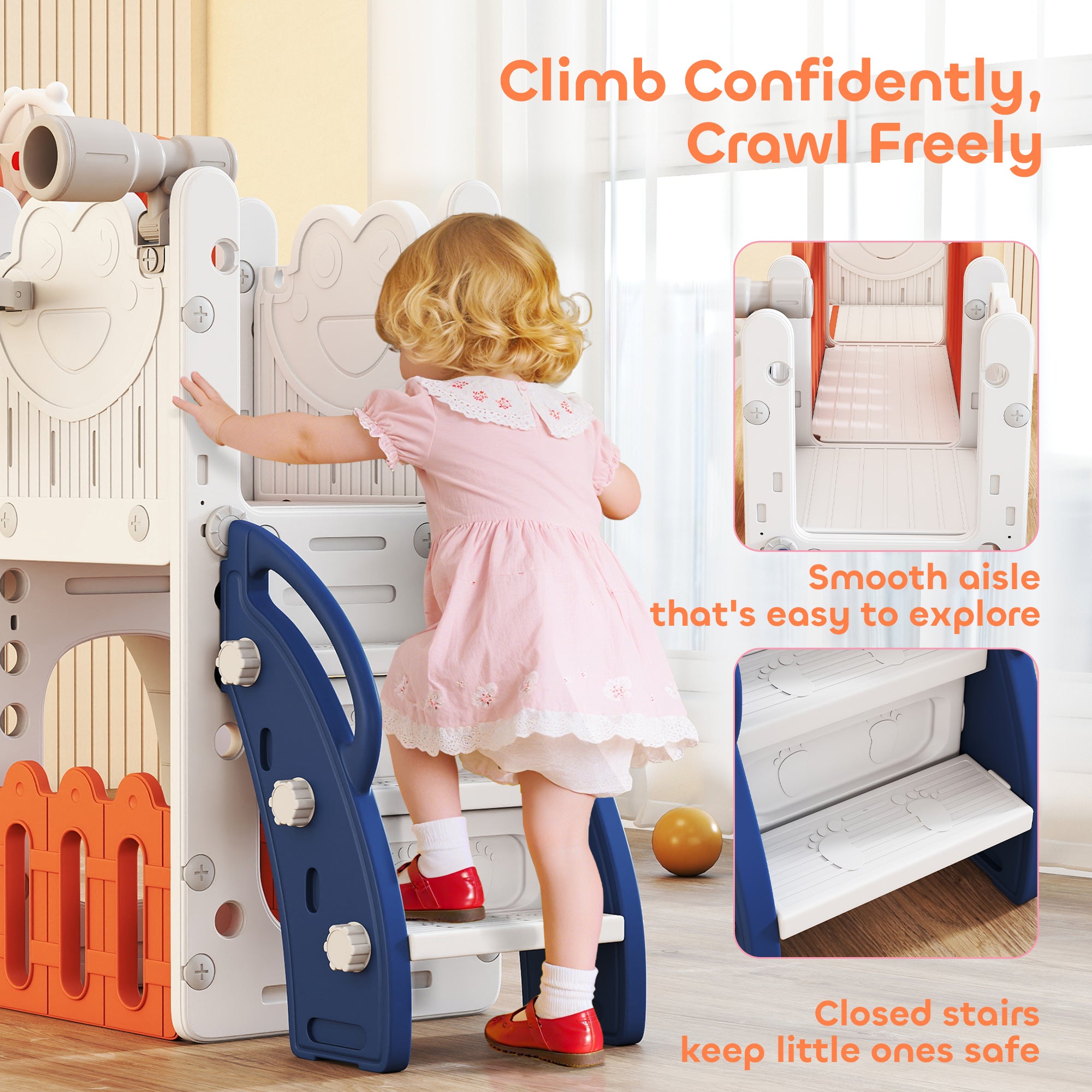 AIYAPLAY 7 in 1 Toddler Slide Set with Basketball Hoop, Climbing Frame, Telescope, Drawing Board, Storage Box, Orange 