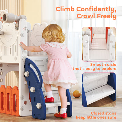 AIYAPLAY 7 in 1 Toddler Slide Set with Basketball Hoop, Climbing Frame, Telescope, Drawing Board, Storage Box, Orange 