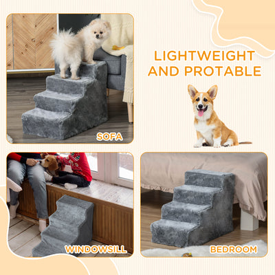 PawHut Four-Step Dog Stairs, with Washable Plush Cover, for High Bed Sofa, Dog Stairs for Small Dog and Cat - Light Grey 