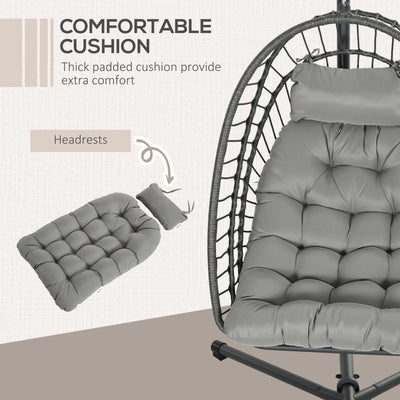 Outsunny Outdoor PE Rattan Swing Chair with Cushion, Garden Foldable Basket Patio Hanging Egg Chair with Metal Stand, Headrest, for Indoor and Outdoor, Light Grey 