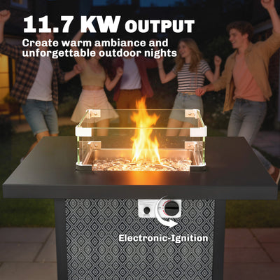Outsunny Propane Gas Fire Pit Table for Garden, 11.7 KW Smokeless Firepit Outdoor Heater with Wind Guard, Glass Rocks, Lid, Black 