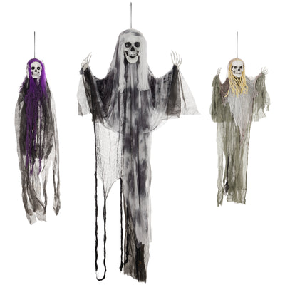HOMCOM Set of 3 Hanging Skeleton Halloween Decorations, Scary Flying Ghost for Garden, Party, 90/110/170cm 