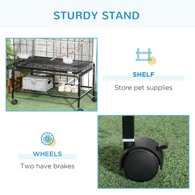 PawHut Large Bird Cage Budgie Cage with Stand, Toys, Wheels, Accessories, Storage Shelf for Canaries, Finches, Lovebirds, Parakeets - Black, 79 x 49 x 133 cm 