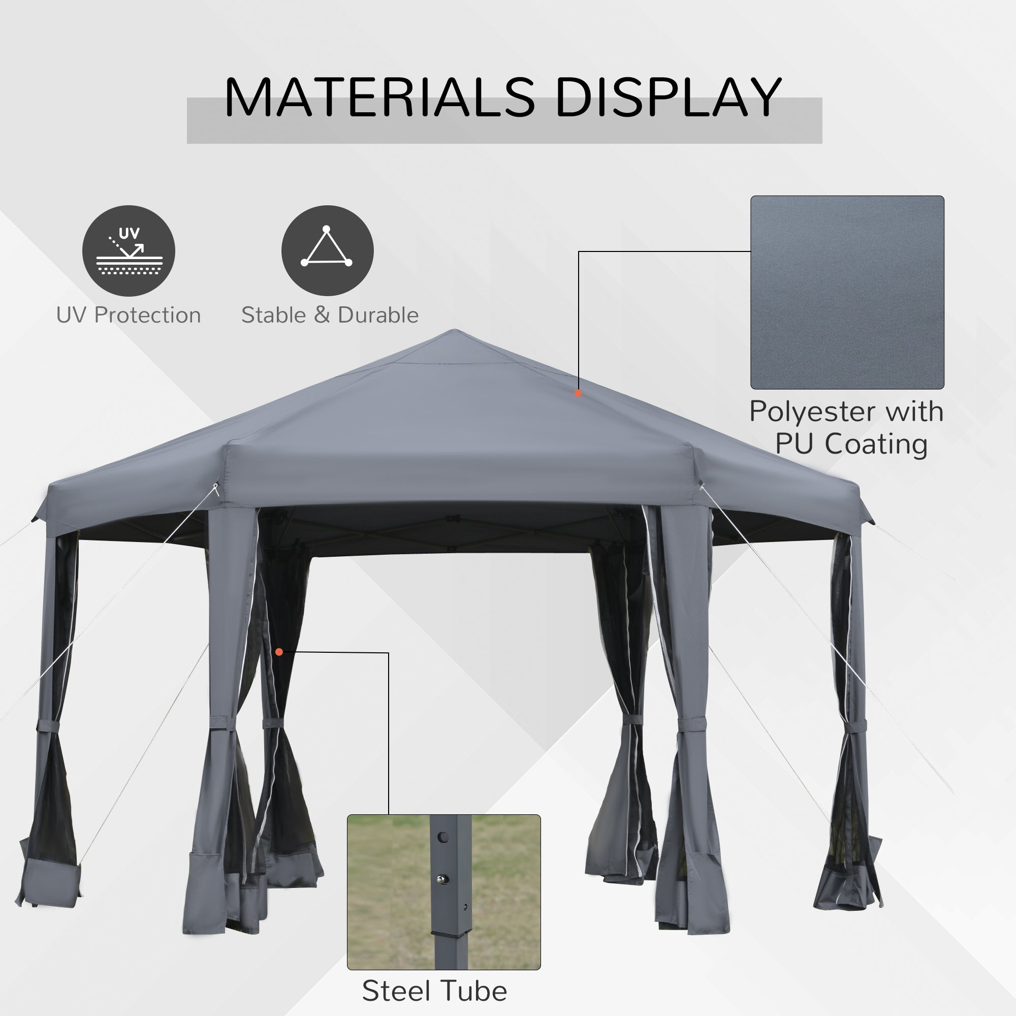 Outsunny 3.8m x 3.2m Pop Up Gazebo Hexagonal Canopy Tent Outdoor Sun Protection with 6 Mesh Sidewalls, Hand Bag, Grey 