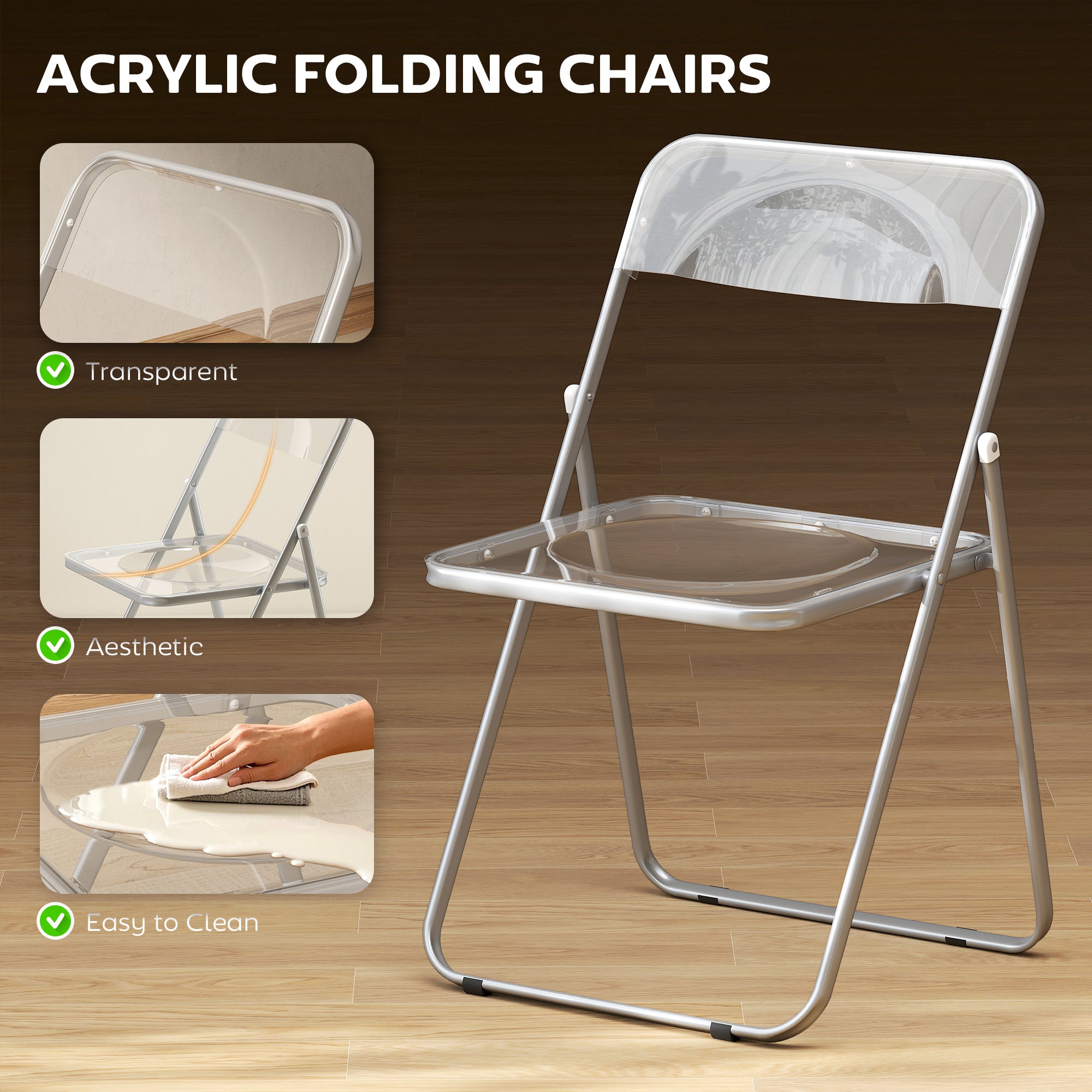 HOMCOM Foldable Chairs, Folding Chairs with Transparent Seat and Backrest, Heavy Duty Steel Frame, 47W x 48D x 75H cm, Clear 