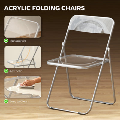 HOMCOM Foldable Chairs, Folding Chairs with Transparent Seat and Backrest, Heavy Duty Steel Frame, 47W x 48D x 75H cm, Clear 