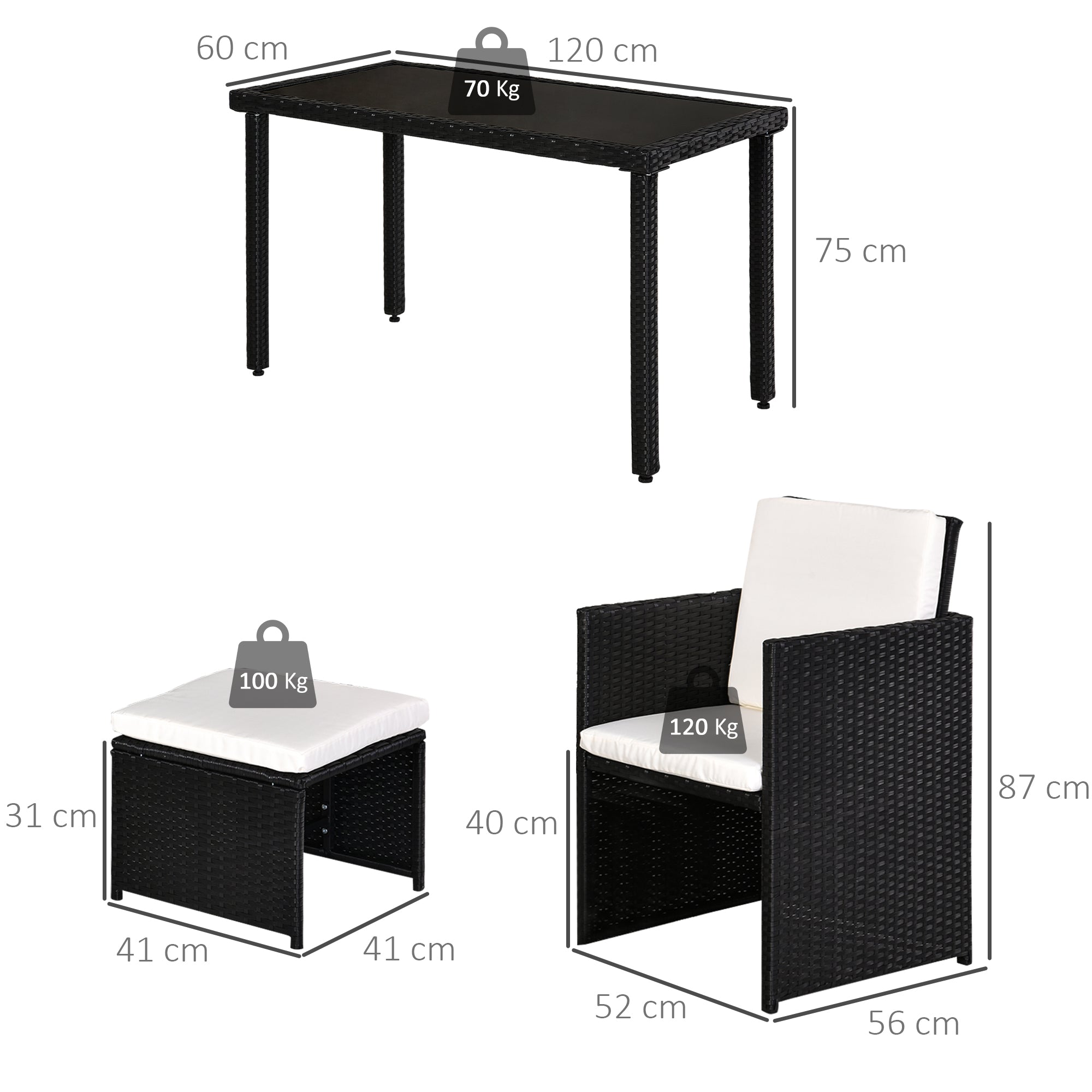 Outsunny 2 Seater Rattan Cube Garden Furniture Set, Rattan Dining Set with Cushions, Outdoor Dining Table and Chairs with 2 Armchairs, 2 Stools, Rectangular Glass Top Table for Patio, Balcony, Black 