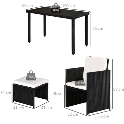 Outsunny 2 Seater Rattan Cube Garden Furniture Set, Rattan Dining Set with Cushions, Outdoor Dining Table and Chairs with 2 Armchairs, 2 Stools, Rectangular Glass Top Table for Patio, Balcony, Black 