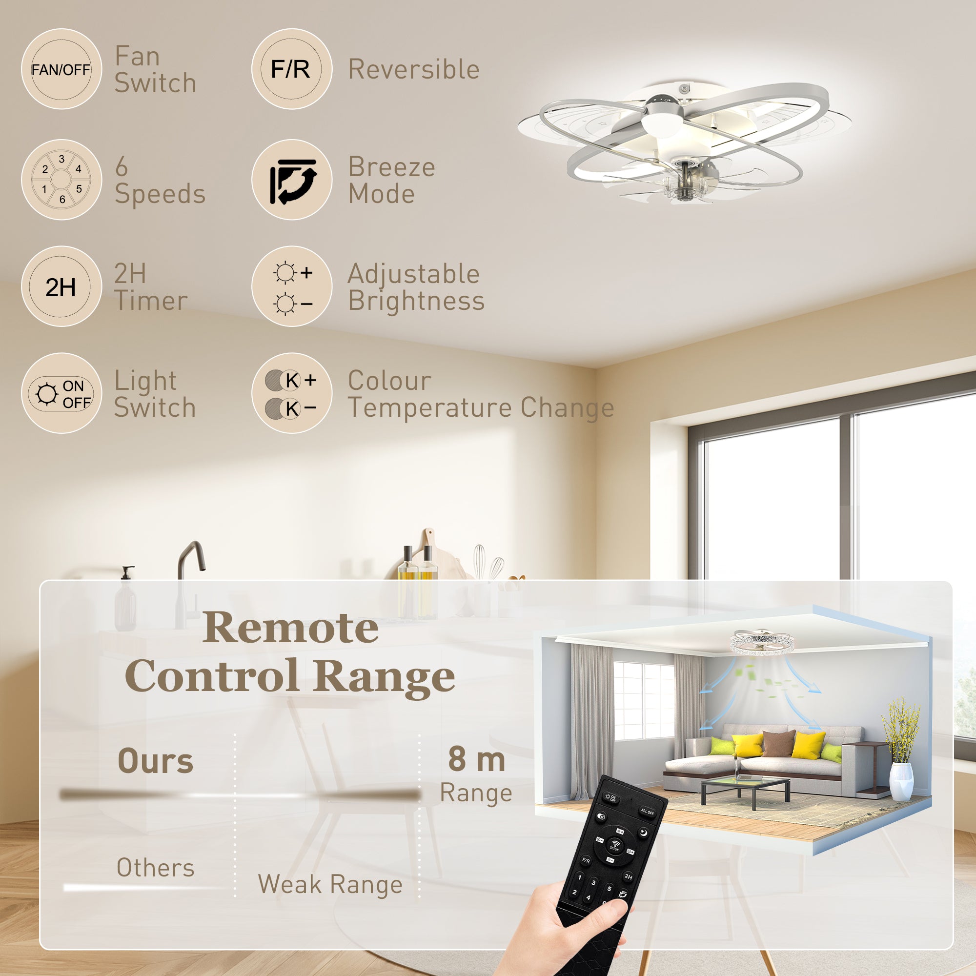 HOMCOM Ceiling Fan with Light and Remote, 3 Colour Temperatures, LED Mount Ceiling Fan Light for Bedroom, Silver Tone 