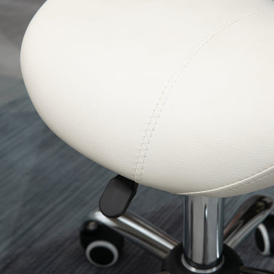 HOMCOM Cosmetic Stool 360\'c2\'b0 Rotate Height Adjustable Salon Massage Spa Chair Hydraulic Rolling Faux Leather Saddle Stool, Cream 