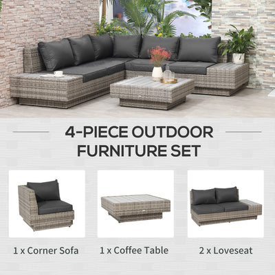 Outsunny 4 PCs Rattan Garden Furniture Outdoor Sectional Corner Sofa and Coffee Table Set  Conservatory Wicker Weave Furniture with Armrest and Cushions - Light Grey 