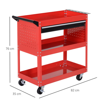DURHAND 3-Tier Tool Trolley Cart Storage Shelf Roller Cabinet DIY Box Garage Workshop with Drawer Red 
