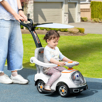 AIYAPLAY 3 in 1 Ride on Push Car, Cartoon Robot Theme Foot to Floor Slider w/ Handle Light Music Horn, Storage - White 