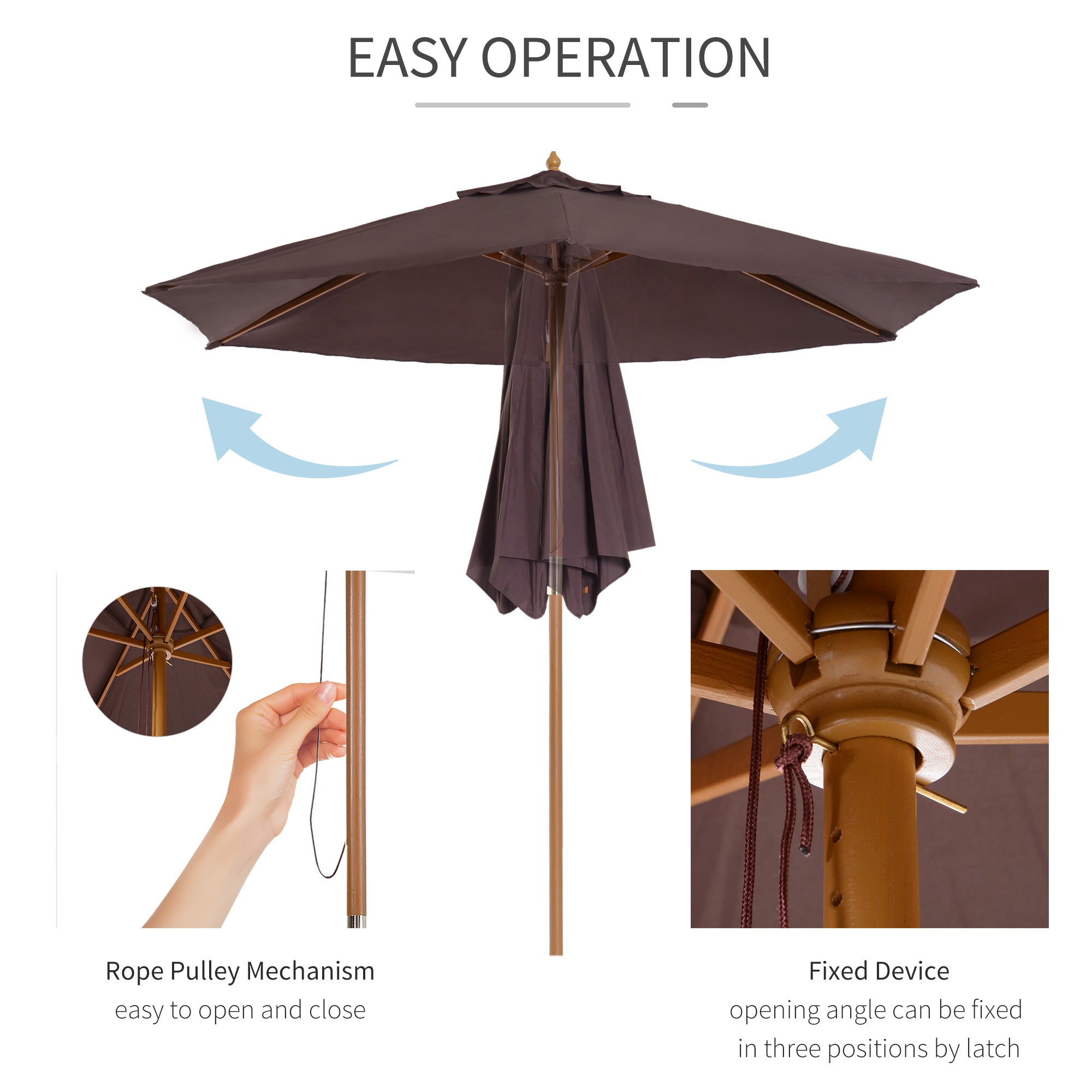 Outsunny 2.5m Wood Garden Parasol Sun Shade Patio Outdoor Wooden Umbrella Canopy Coffee 