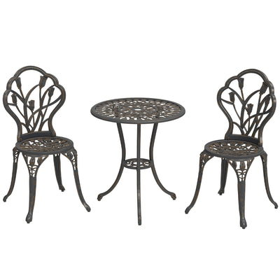 Outsunny 3 Piece Patio Bistro Set for 2, Outdoor Aluminium Garden Table and Chairs with Umbrella Hole for Balcony, Bronze Tone 