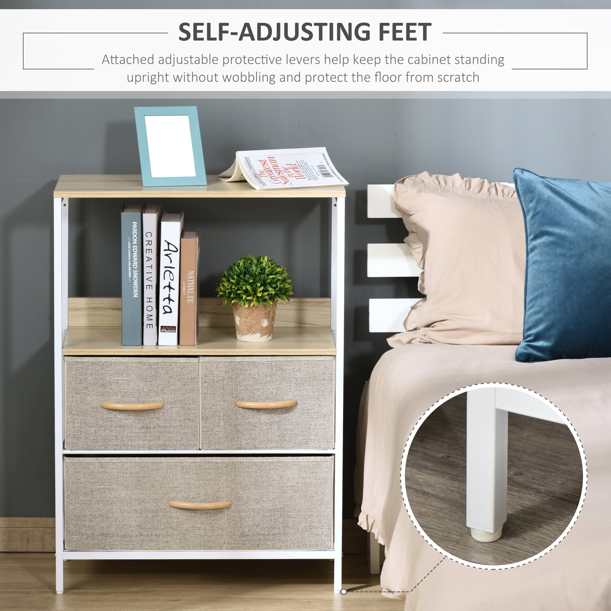 HOMCOM 3 Drawer Storage Chest Unit Home Cabinet w/ Shelves Home Living Room Bedroom Entryway Living Furniture, Light Grey 