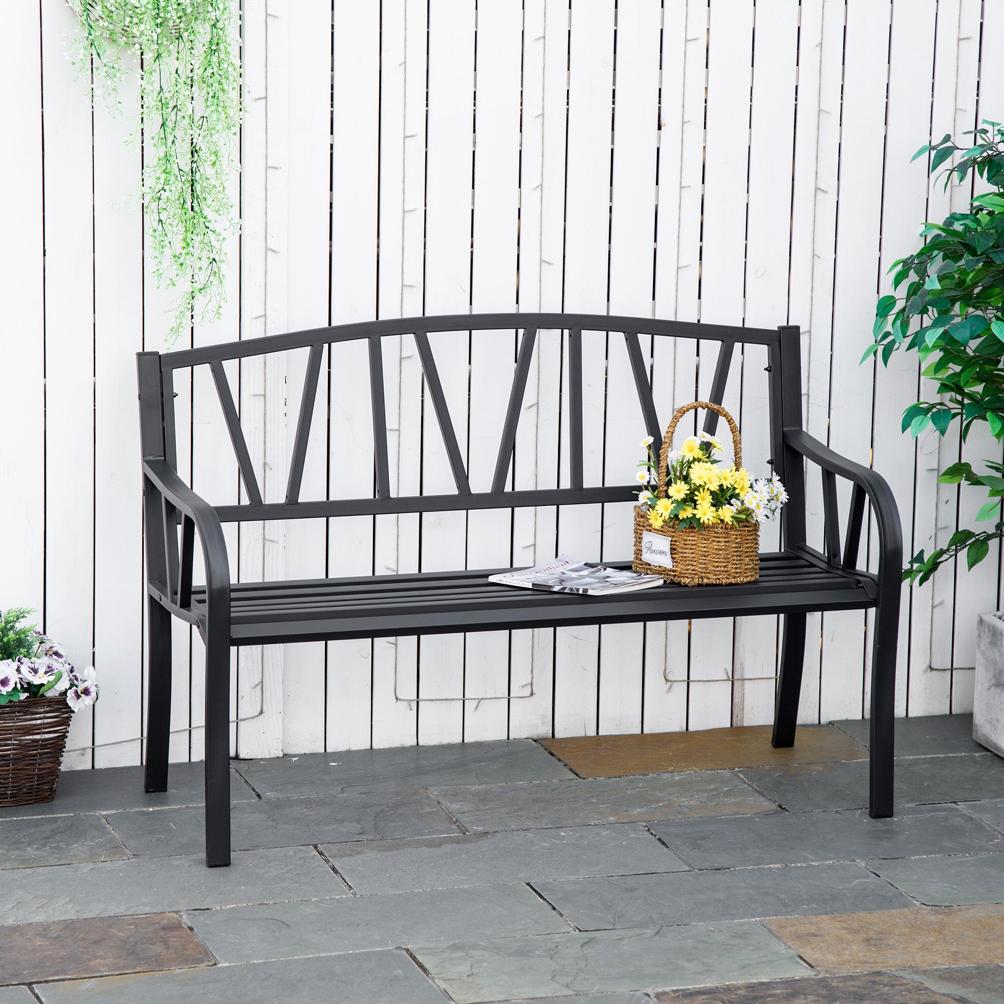 Outsunny 2-Seater Garden Bench Metal Loveseat w/ Decorative Backrest Ergonomic Armrest 