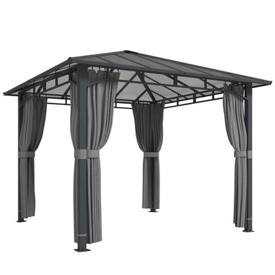 Outsunny 3 x 3 m Outdoor Hardtop Gazebo Canopy with PC Roof, Aluminium Permanent Pavilion Garden Gazebo with Curtains, Tan 