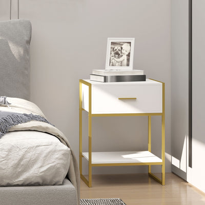 HOMCOM Bedside Table, Modern Side Table with Drawer and Shelf, Nightstand for Bedroom, White 
