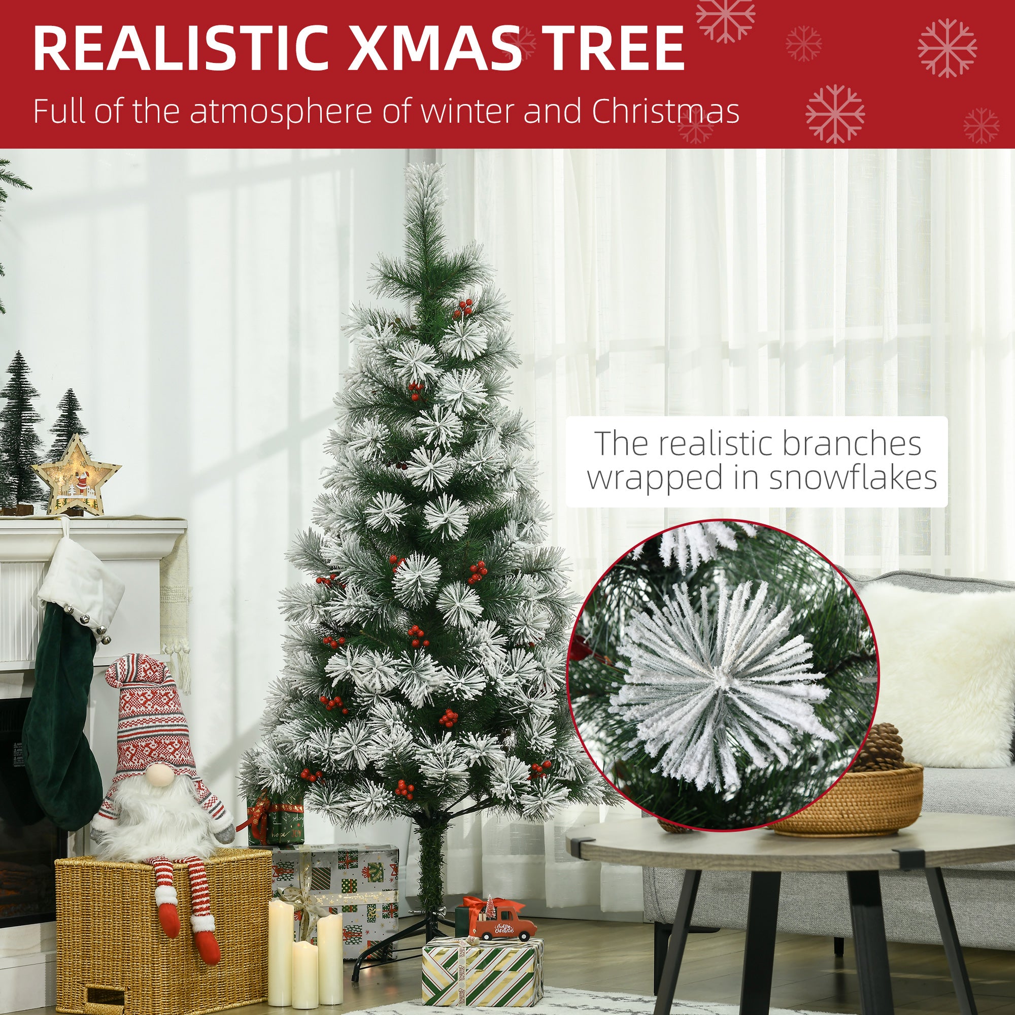 HOMCOM Indoor Christmas Tree Artificial Berry Xmas Decoration with Metal Stand and 184 Tips (5FT(150CM)) 