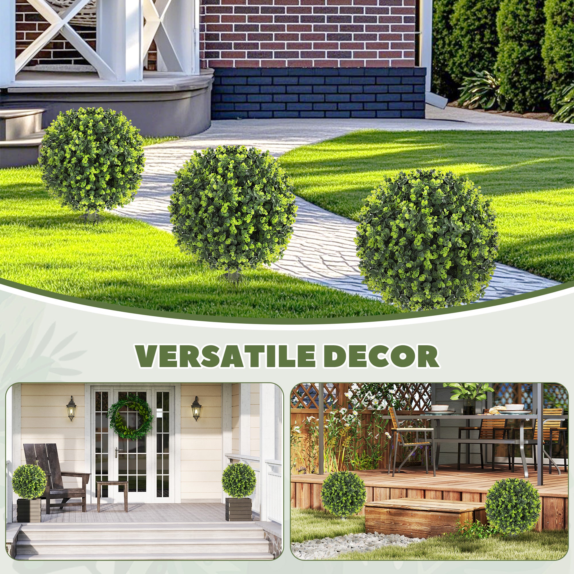 HOMCOM Set of 2 40 cm Artificial Boxwood Topiary Ball Bush with Integrated Ground Stake, Indoor Outdoor UV Resistant Faux Greenery, Faux Plants for Garden, Porch, Balcony