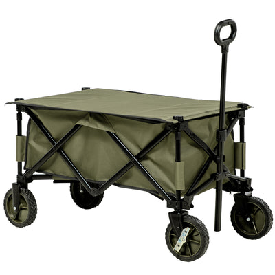 Outsunny Folding Garden Trolley, Cargo Trailer on Wheels, Collapsible Camping Trolley with Folding Board, Outdoor Utility Wagon with Steel Frame and Oxford Fabric, Green 