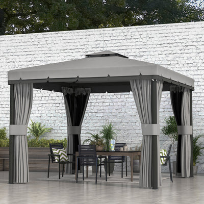 Outsunny 3 x 3(m) Patio Gazebo Canopy Garden Pavilion Tent Shelter Marquee with 2 Tier Roof, Netting and Curtains, Light Grey 