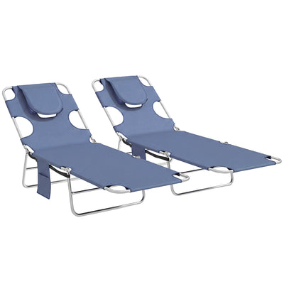 Outsunny 5-Position Adjustable Sun Loungers Set of 2 with Reading Hole and Side Pocket, Grey 