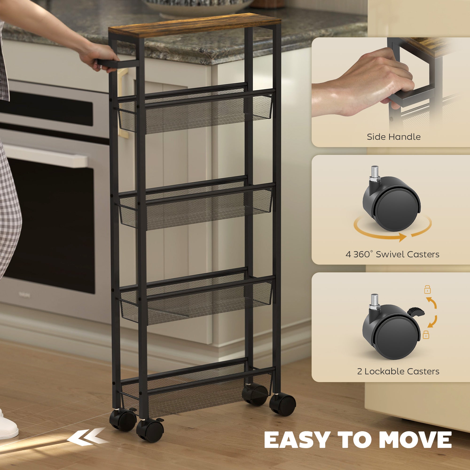 HOMCOM Slim Storage Trolley, 5-Tier Kitchen Cart on Wheels with Wood-effect Top, Handle for Living Room, Bathroom, Black 