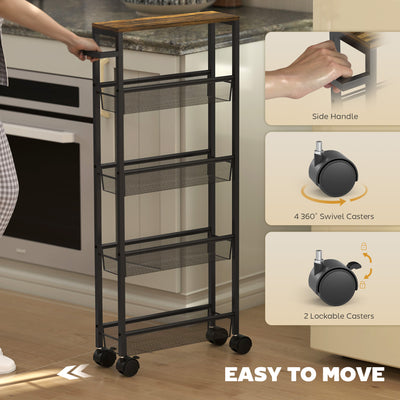 HOMCOM Slim Storage Trolley, 5-Tier Kitchen Cart on Wheels with Wood-effect Top, Handle for Living Room, Bathroom, Black 