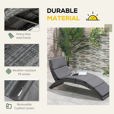 Outsunny Outdoor Foldable PE Rattan Sun Lounger with Soft Padded Cushion, Ergonomic Curved Design Sun Bed for Balcony, Garden, Grey 